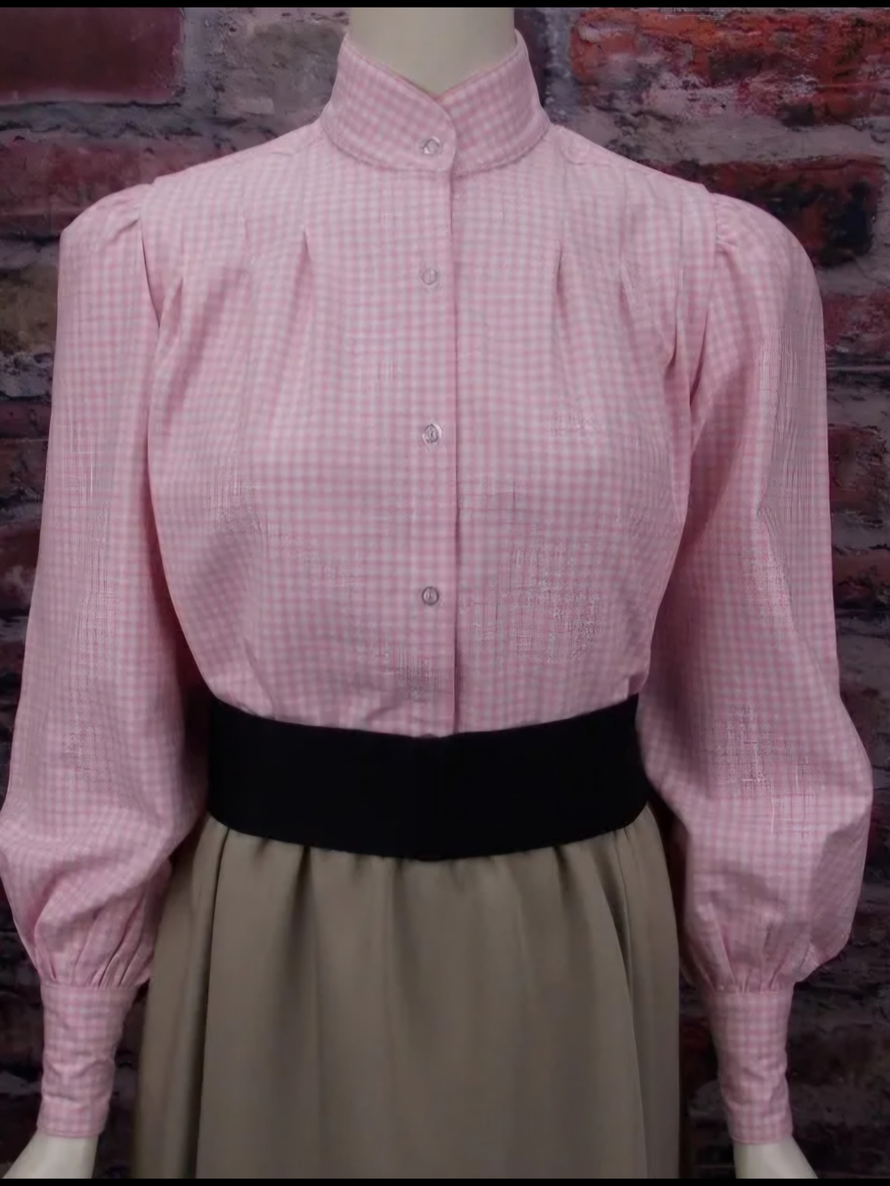 Tailored Pink Gingham Button-Down Blouse with High Collar - Women